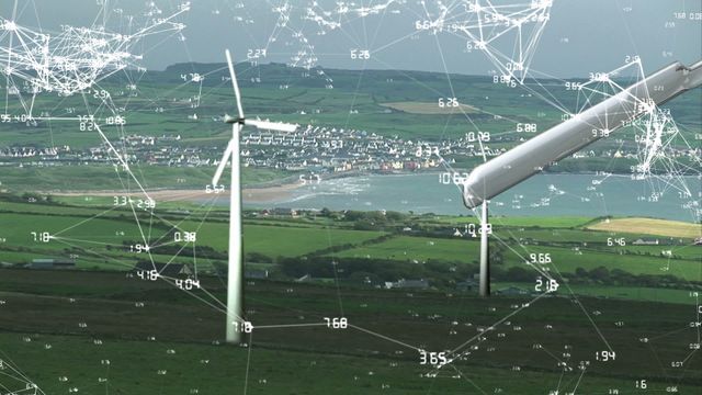 This visualization shows the integration of digital technology with wind turbines in a rural landscape. The overlay of digital connections represents the modern approach to managing renewable energy resources. Perfect for illustrating themes of sustainable energy, digital innovation, and environmental technology. Ideal for use in articles, presentations, or educational materials focusing on renewable energy and smart technology.