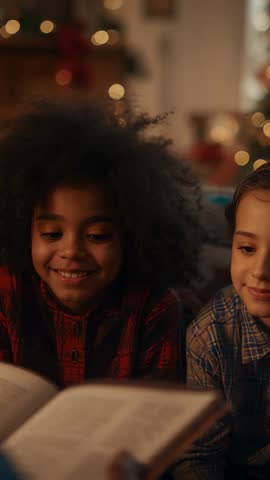 Children reading bedtime story under holiday lights, siblings smiling and following pages