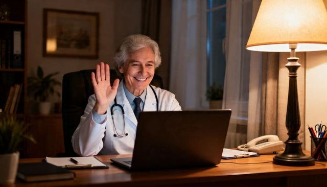 Senior physician conducting evening telemedicine visit smiling and waving at laptop
