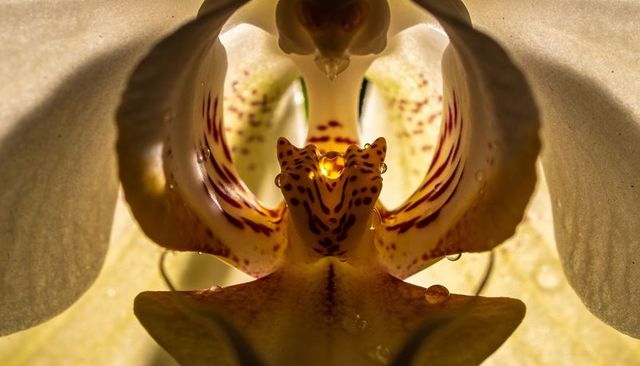 Macro orchid blossom revealing maroon-spotted labellum and dew-kissed central column, backlit