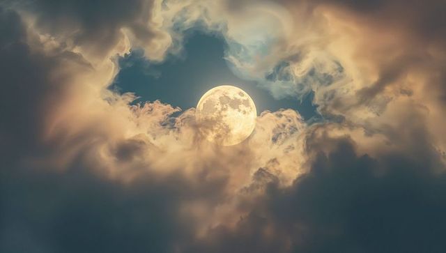 Full Moon Illuminating Swirling Clouds In Nocturnal Sky