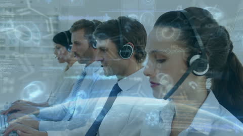 Business Team with Headsets Surrounded by Digital Data Visualization