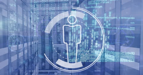 Digital Interface Animation with Server Room and Data Code