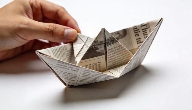 Hand Holding Newspaper Origami Boat on White Tabletop Minimalist Papercraft Concept