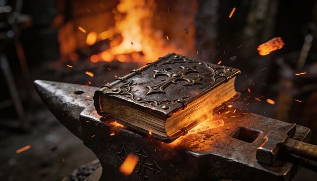 Ornate leather codex glowing on iron anvil amid forge sparks, gilded antique pages