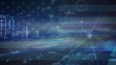 Animated Data Connections Over USA Flag and Cityscape