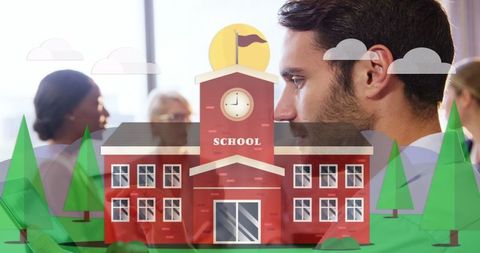 School building illustration overlay on professional caucasian man working