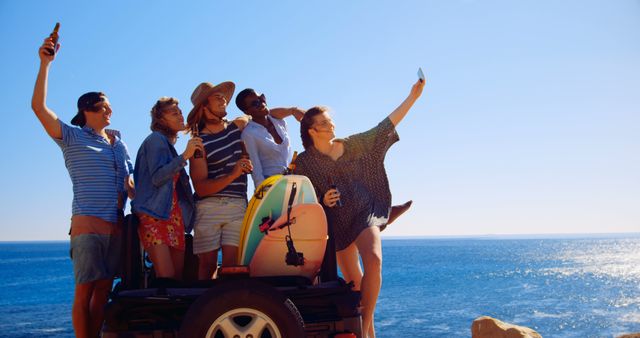 Friends Taking Selfie During Road Trip by the Sea - Download Free Stock Images Pikwizard.com