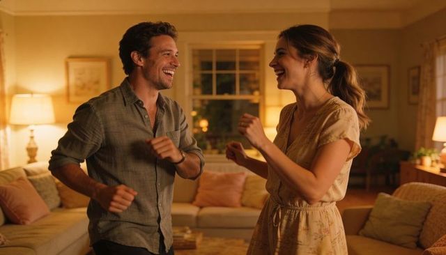 Couple dancing and laughing in cozy living room evening romance and warm ambience