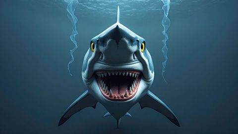 Predatory megalodon shark deep in ocean with open jaws and bubbles