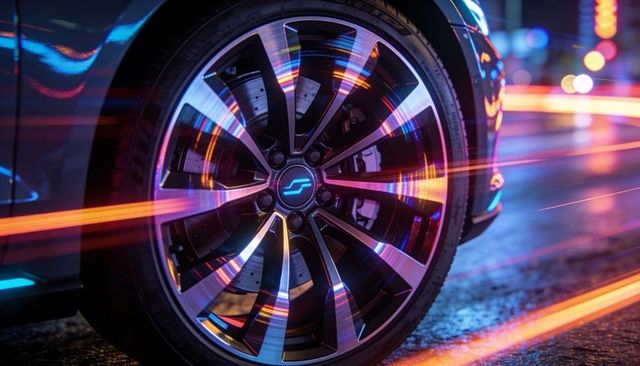 Neon-reflected alloy wheel close-up on wet night street with dynamic light trails