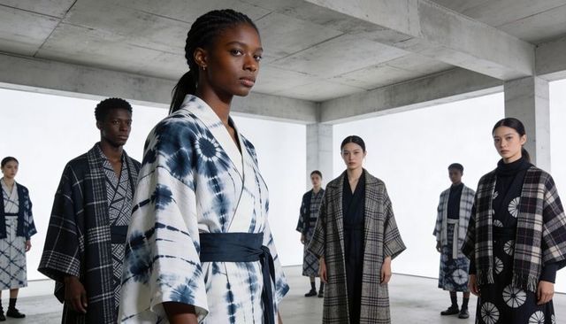 Indigo tie-dye kimono collection featuring plaid coats and monochrome wrapwear