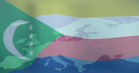 Overlaying translucent flag across europe map with crescent and five stars, radar targets