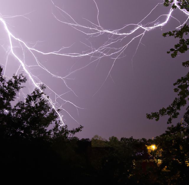 Photo of a thunderstorm with vivid lightning bolts illuminating night sky. Trees in foreground add depth and contrast. Perfect for weather-related articles, nature presentations, educational content on meteorology, or dramatic backgrounds.