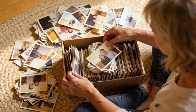Senior woman sorting vintage family prints and organizing keepsakes for memory album