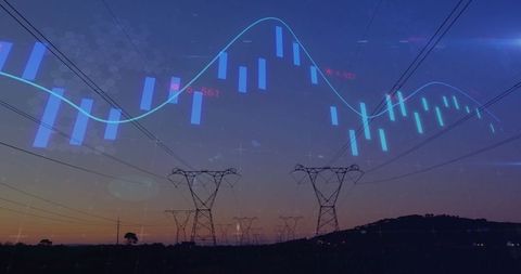 Electric towers and overlaid digital stock market indicators