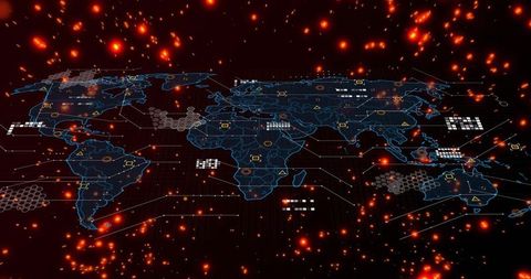 Neon holographic global map with data overlays and particles for cyber visualization