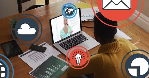 Remote Work Technology with Virtual Meeting Digital Icons