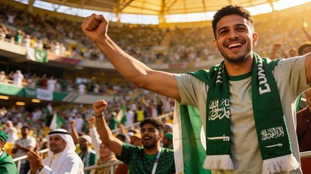 Cheering male football fan raising fist, wearing green saudi scarf, sunlit stadium atmosphere