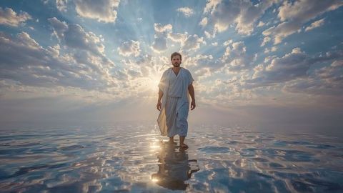 Serene moses figure walking on water in tranquil landscape at sunrise