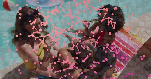 Three Friends Sipping Wine and Laughing by Pool in Swimsuits and Denim Shorts