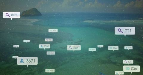 Augmented reality data markers floating over tropical lagoon reef aerial view with kayak