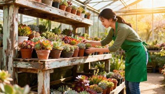 Asian woman tending succulent plants on rustic greenhouse shelves during golden hour
