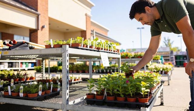 Man inspecting flowering plant at outdoor garden center racks and retail nursery displays