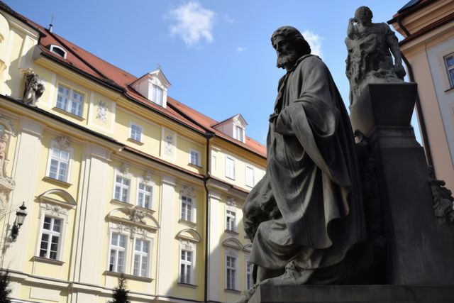 Depicts a detailed statue of a historical figure next to a traditional European building with ornate architecture. Suitable for use in travel guides, history articles, cultural website banners, and educational materials related to European history and architecture.