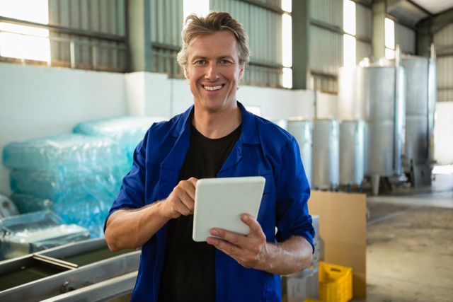 Smiling factory worker using digital tablet in industrial setting. Ideal for illustrating modern manufacturing processes, technology integration in industry, and professional workplace environments. Useful for articles, advertisements, and presentations related to industrial technology, factory management, and worker productivity.