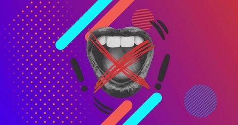 Silenced voice concept showing crossed-out mouth on neon geometric background