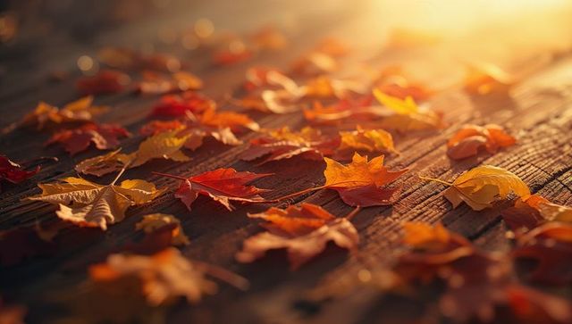 Colorful Fallen Maple Leaves on Wooden Deck at Golden Hour