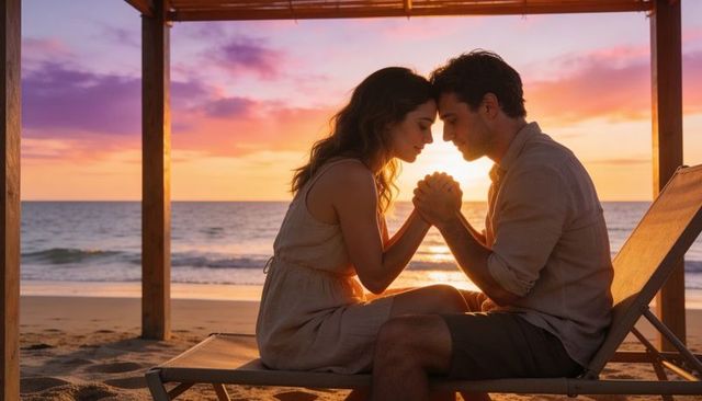 Couple holding hands at beach sunset under pergola embracing romantic moment