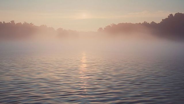 Misty Lake at Dawn Reflecting Sunlight in Forested Surroundings