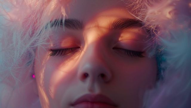 Serene woman in fluffy hood under soft pastel lights