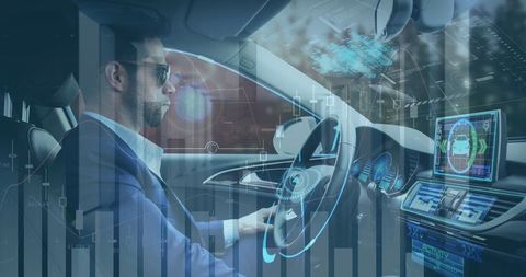 Man in futuristic self-driving car with high-tech interface display