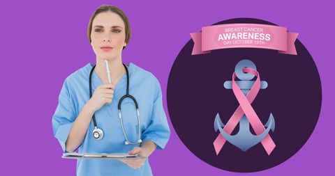 Breast Cancer Awareness Event with Thoughtful Female Doctor