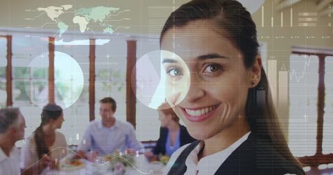 Smiling waitress with futuristic data interface in restaurant