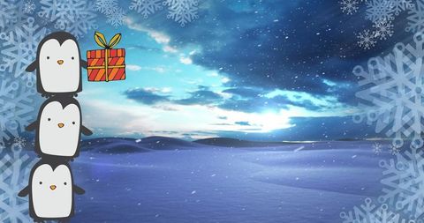 Festive penguins stacking with christmas gift in snowy landscape