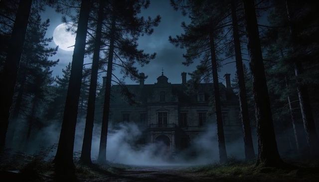Looming Gothic Manor Revealing Arched Entrance Through Foggy Pine Forest Under Full Moon