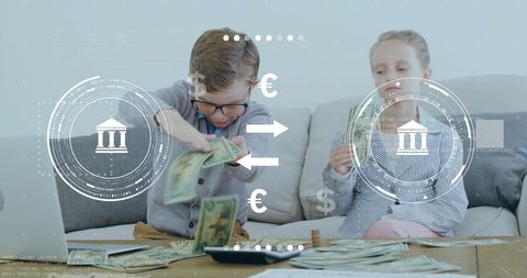 Children Learning Concept of Money with Digital Bank Interface