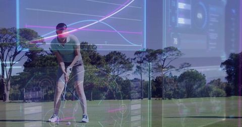 Female golfer addressing ball on fairway with augmented reality swing analytics HUD