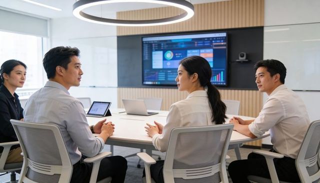 Executive team discussing interactive analytics dashboard in modern glass boardroom