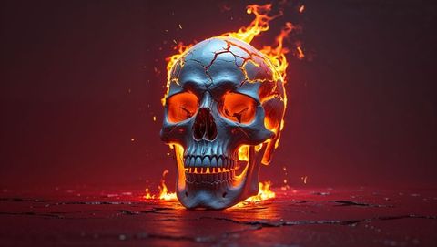 Burning metal skull with molten core and hell flames