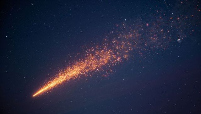 Blazing meteor crossing starry night sky with glowing orange ember trail