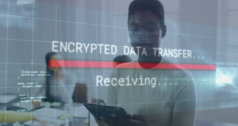 Animated Data Processing Over Woman Using Tablet