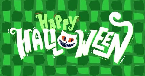 Happy Halloween Graphic with Creepy Cat on Green Background