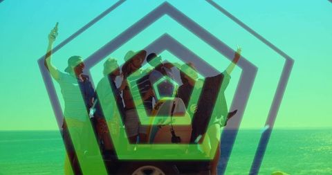 Friends Enjoying Beach Day with Car and Drinks Under Sunlit Sky