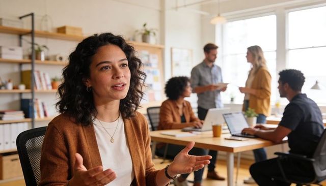 Woman leading discussion, speaking and gesturing in bright open-plan office during team meeting