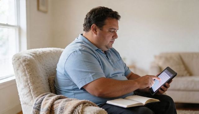 Middle-aged man using tablet in cozy living room with notebook on lap